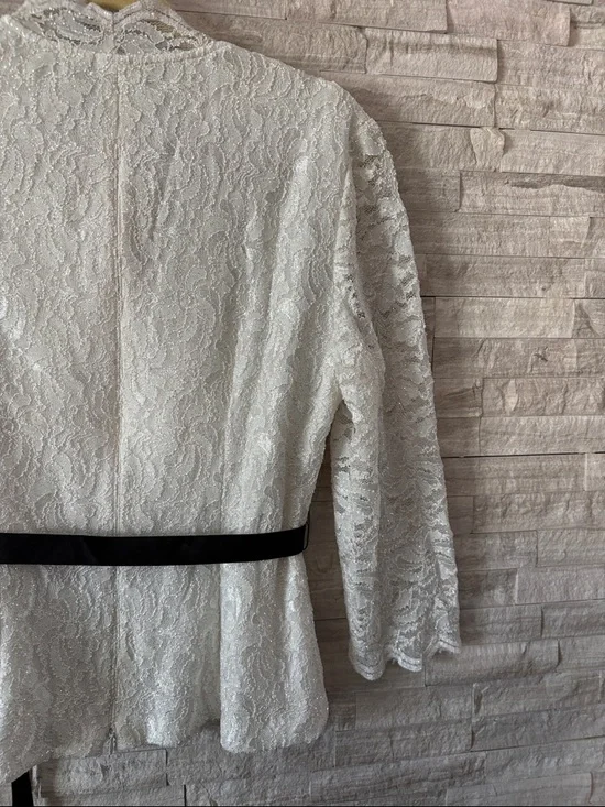 Alex Evenings Cream Lace Peplum Blouse with Black Ribbon - Picture 11 of 11